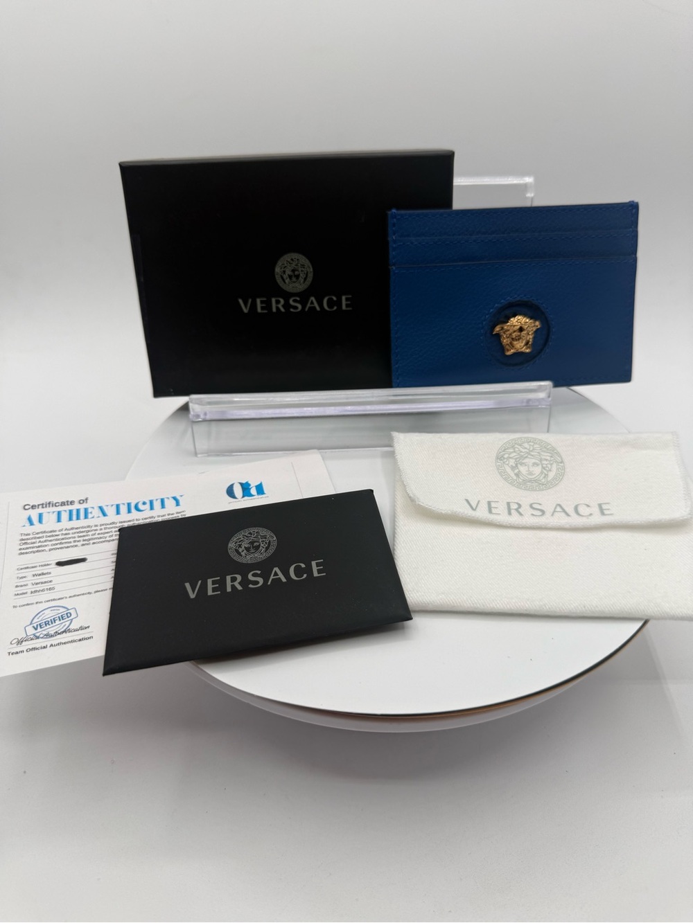 Versace Royal Blue Leather Card Holder with Gold Medusa Detail full set and COA